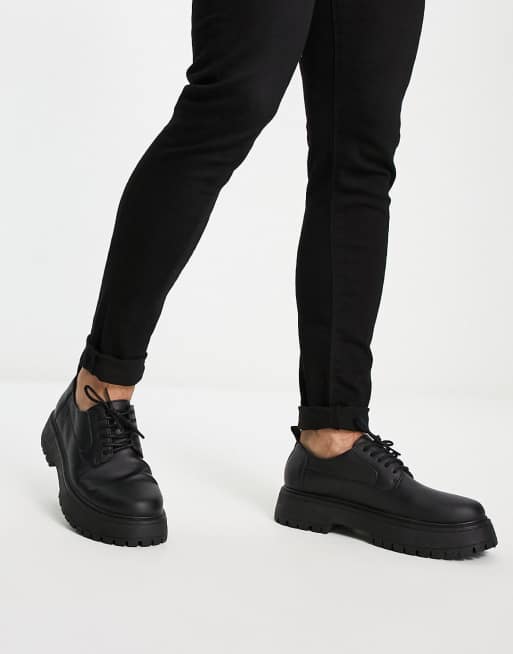 ASOS DESIGN lace up shoes in black faux leather on raised chunky sole | ASOS