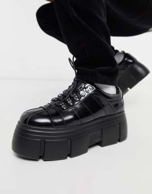 asos design lace up boots in black leather with chunky sole