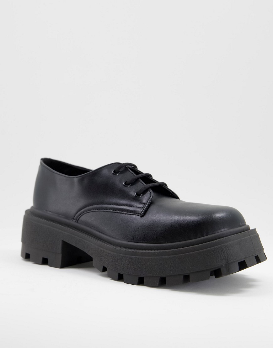 ASOS DESIGN lace up shoes in black faux leather with chunky sole with square toe