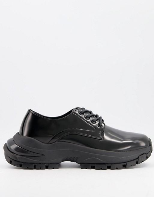 ASOS DESIGN lace up shoes in black faux leather with chunky sole