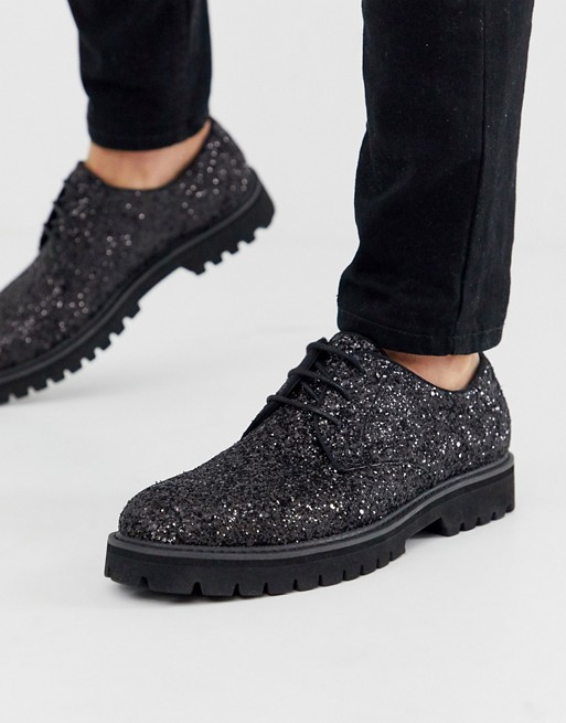 ASOS DESIGN lace up shoes in black glitter with chunky sole
