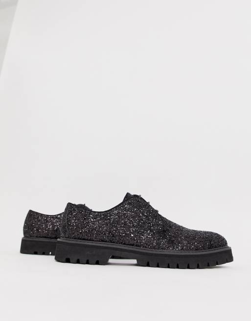 ASOS DESIGN lace up shoes in black glitter with chunky sole