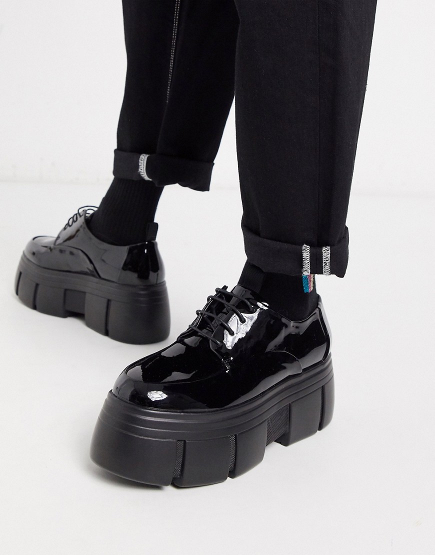 ASOS DESIGN lace up shoes in black patent faux leather with chunky platform sole