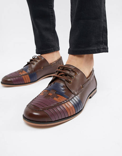 ASOS DESIGN lace up shoes in brown leather with color woven detail