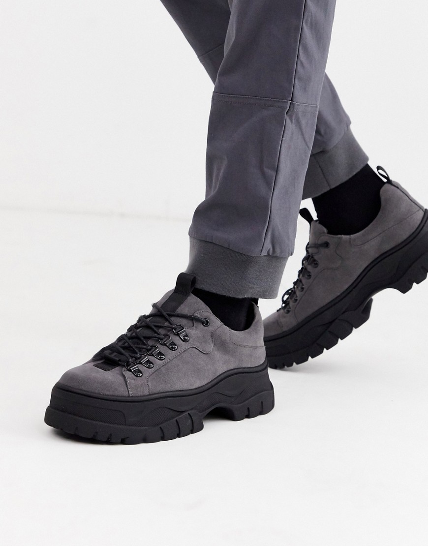 ASOS DESIGN lace up shoes in gray faux suede with chunky sole