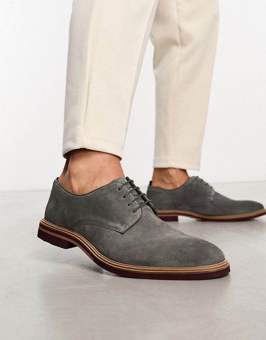 Asos Design Lace Up Shoes In Gray Suede With Contrast Sole