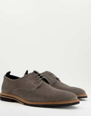 Asos Design Lace Up Shoes In Grey Suede With Contrast Sole
