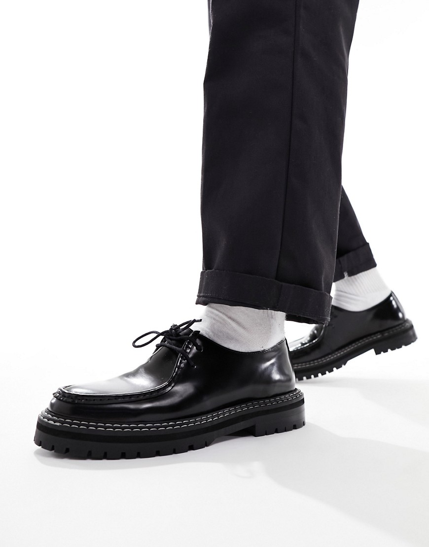 Asos Design Lace Up Shoes With Apron Seam Detail In Black Leather