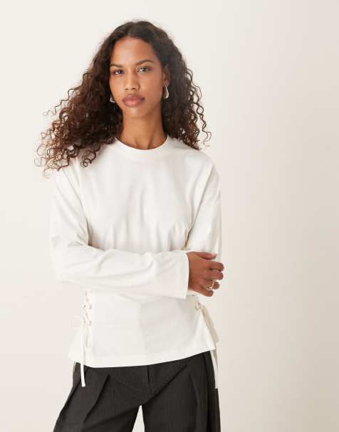 ASOS DESIGN lace up side detail long sleeve t-shirt in cream