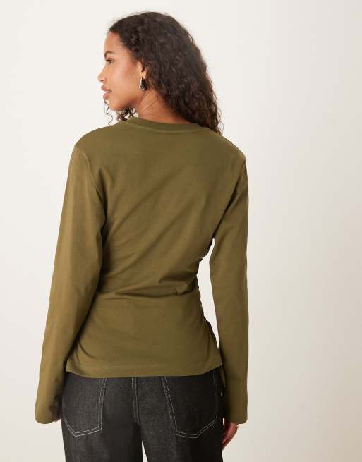 ASOS DESIGN lace-up side detail long sleeve t-shirt in khaki, 3 of 4
