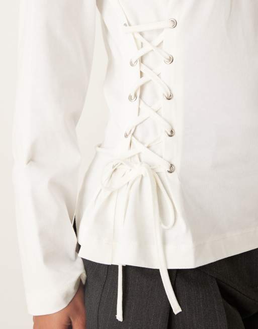 ASOS DESIGN lace up side detailing long sleeve t-shirt in cream