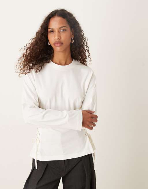 ASOS DESIGN lace up side detailing long sleeve t-shirt in cream
