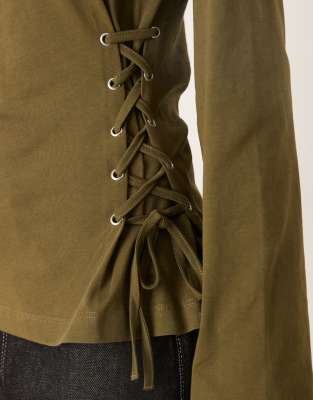 Asos Design Lace Up Side Detailing Long Sleeve T-shirt In Green