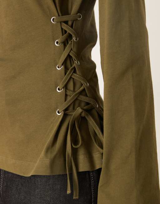 ASOS DESIGN lace up side detailing long sleeve t-shirt in khaki green