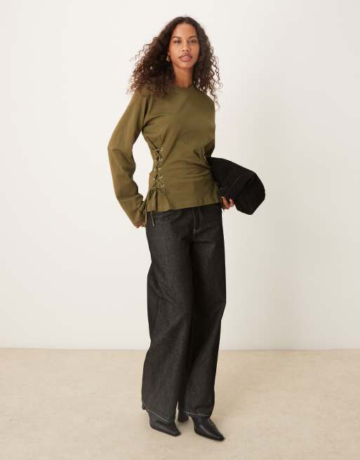 ASOS DESIGN lace up side detailing long sleeve t-shirt in khaki green