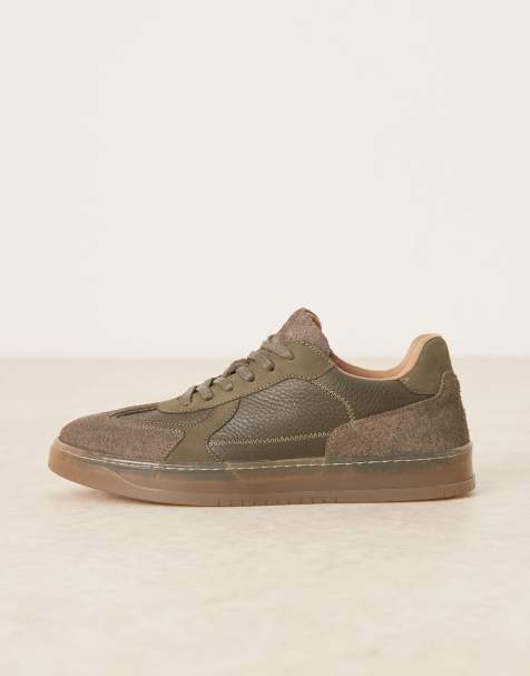ASOS DESIGN lace up sneakers in khaki leather with suede panels and gum sole - view 1