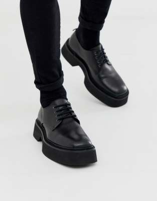 asos design lace up boots in black leather with chunky sole