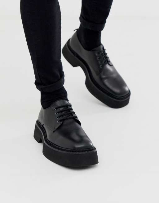 ASOS DESIGN lace up square toe shoes in black leather with block color chunky sole |