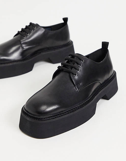 ASOS DESIGN lace up square toe shoes in black leather with block colour ...
