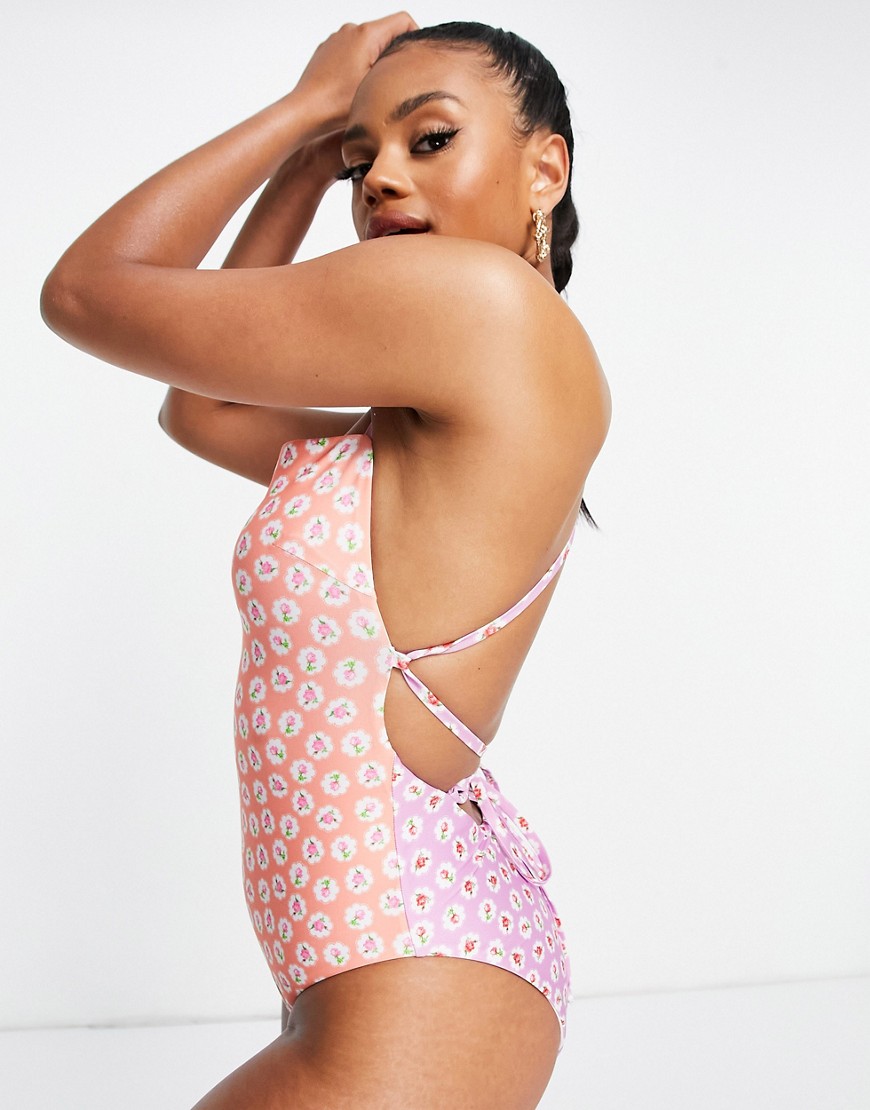 ASOS DESIGN lace up strappy swimsuit in mixed ditsy floral print-Multi