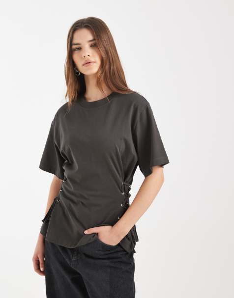 ASOS DESIGN lace up tie side t-shirt in charcoal - view 1