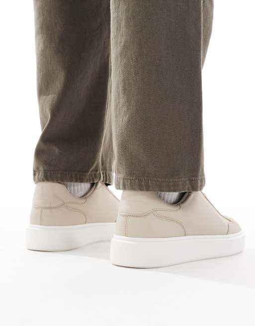 ASOS DESIGN lace up trainers in stone with white sole, 3 of 5
