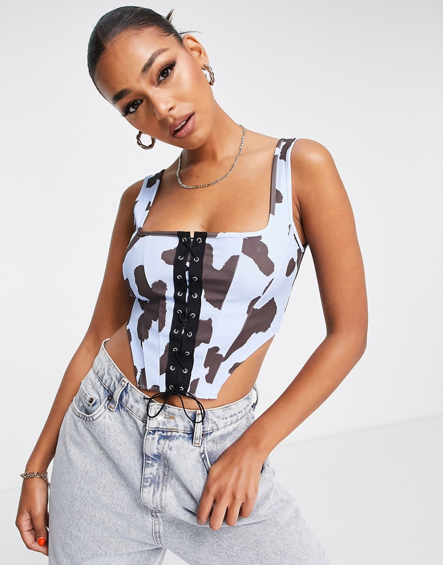 ASOS DESIGN lace up western corset top in cow print-Multi
