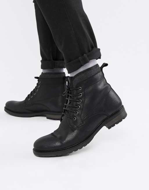 ASOS DESIGN lace up work boots in black leather with faux shearling ...