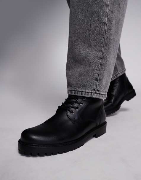 ASOS DESIGN lace up worker boots in black leather with shearling lining - view 1