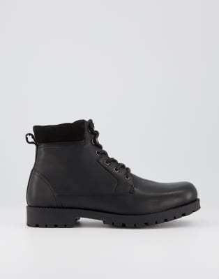 asos design lace up boots in black leather with chunky sole
