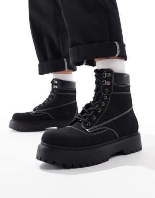  lace up worker boots in black with chunky sole
