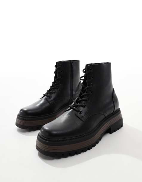 ASOS DESIGN lace up worker boots in black with chunky sole - view 1