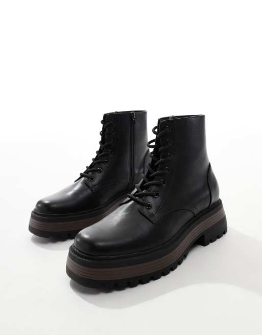 Asos design lace up boots in black leather with chunky sole on sale