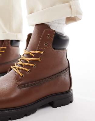 Asos Design Lace Up Worker Boots In Brown