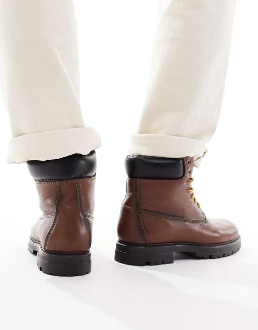 ASOS DESIGN lace up worker boots in brown leather, 3 of 4