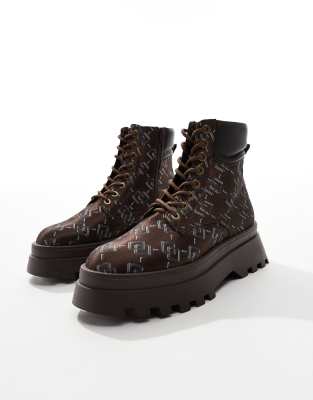 lace up worker boots in brown monogram with chunky sole