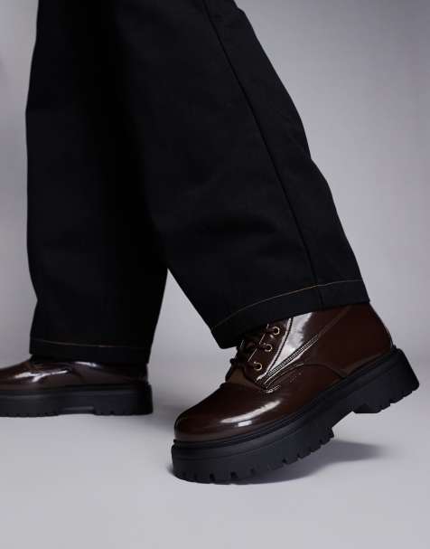 ASOS DESIGN lace up worker boots in brown polish with chunky sole - view 1