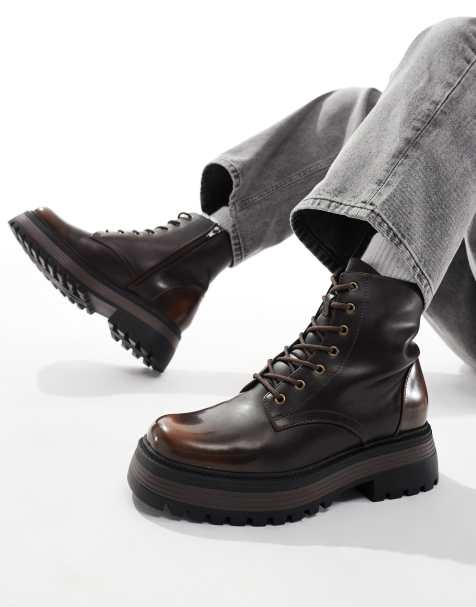 ASOS DESIGN lace up worker boots in brown with chunky sole - view 1
