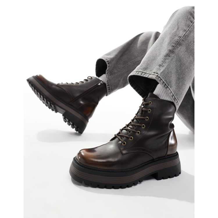 ASOS DESIGN lace up worker boots in brown with chunky sole ASOS