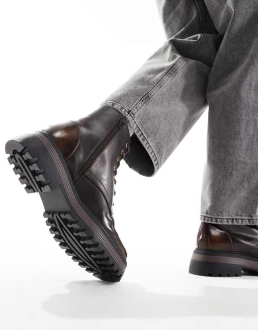 ASOS DESIGN lace-up worker boots in brown with chunky sole  display picture 3