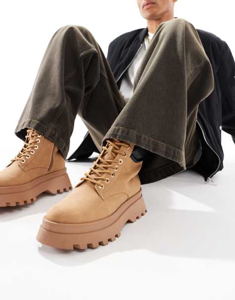ASOS DESIGN lace up worker boots in camel with chunky sole - view 1