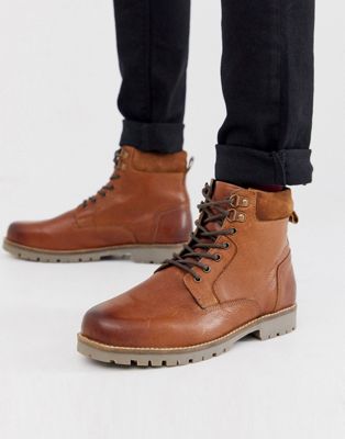 ASOS DESIGN lace up worker boots in tan leather | ASOS