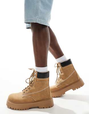 ASOS DESIGN ASOS DESIGN lace up worker boots in tan with chunky sole-Brown