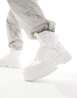 ASOS DESIGN ASOS DESIGN lace up worker boots in white with chunky sole and straps-Black