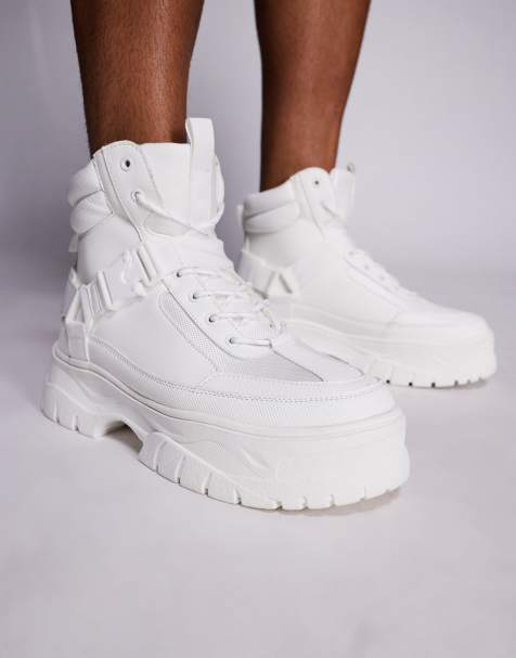 ASOS DESIGN lace up worker boots in white with chunky sole and straps - view 1