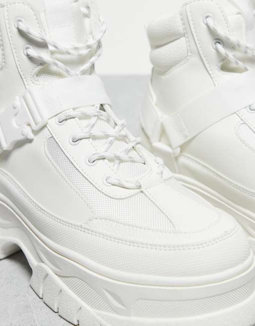 ASOS DESIGN lace up worker boots in white with chunky sole and straps