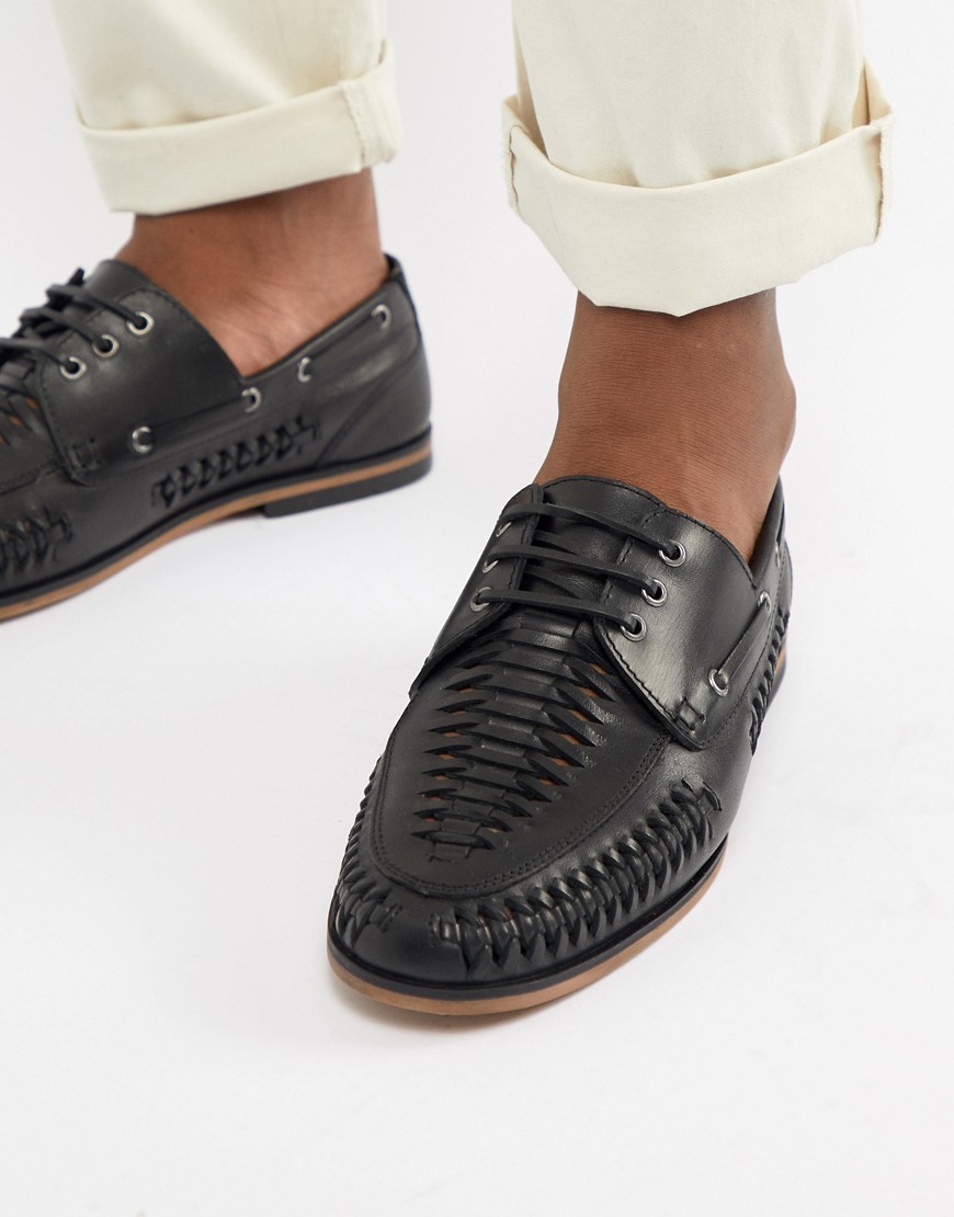 Asos Design Lace Up Woven Shoes In Black Leather
