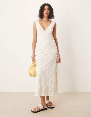 Asos Design Lace V Front Midi Dress With Frill Hem