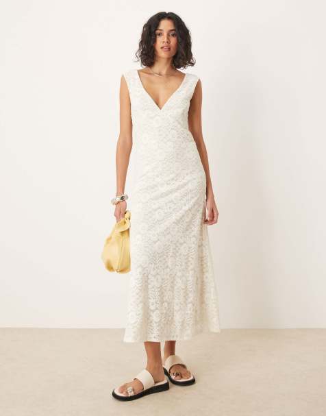 ASOS DESIGN lace V front midi dress with frill hem in white - view 1
