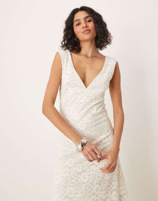 ASOS DESIGN lace V front midi dress with frill hem in white
